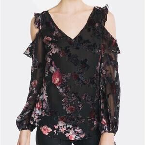 WHBM Floral Print Velvet Cold Shoulder Ruffle Blouse Size 0
